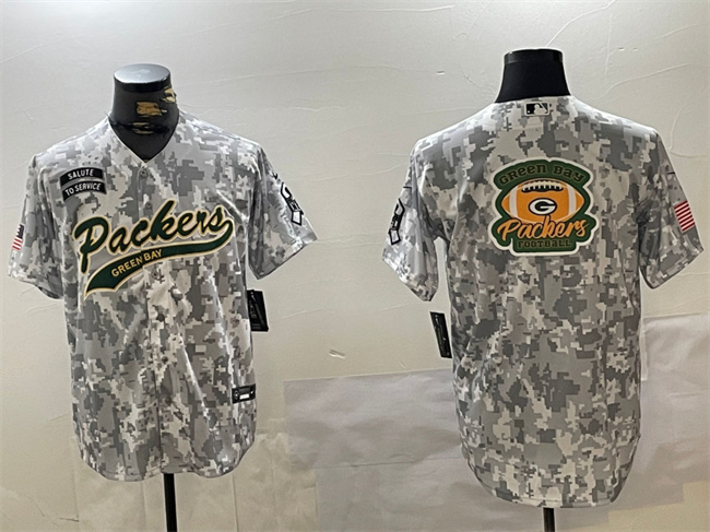 Men's Green Bay Packers Team Big Logo 2024 Arctic Camo Salute to Service Stitched Baseball Jersey